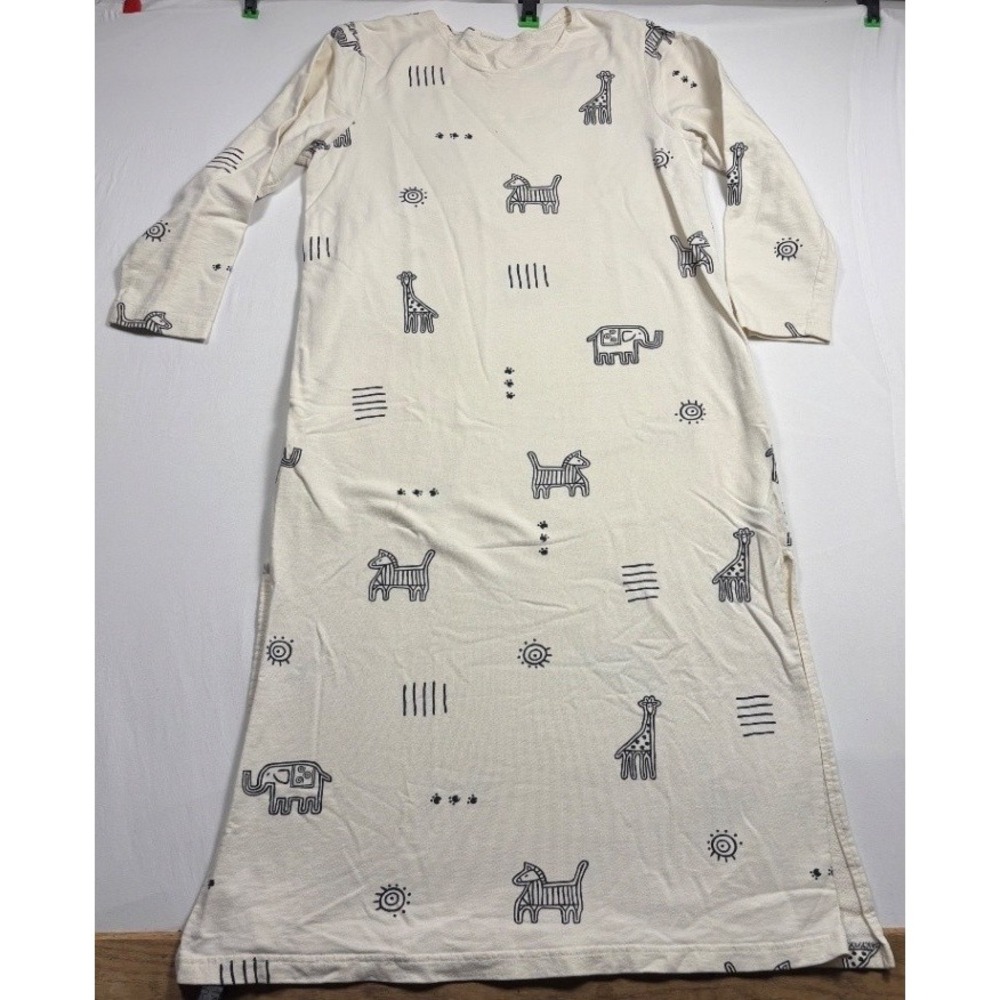 Women Safari Animal Print Long Sleeve Sleepshirt Nightgown Cream One Size